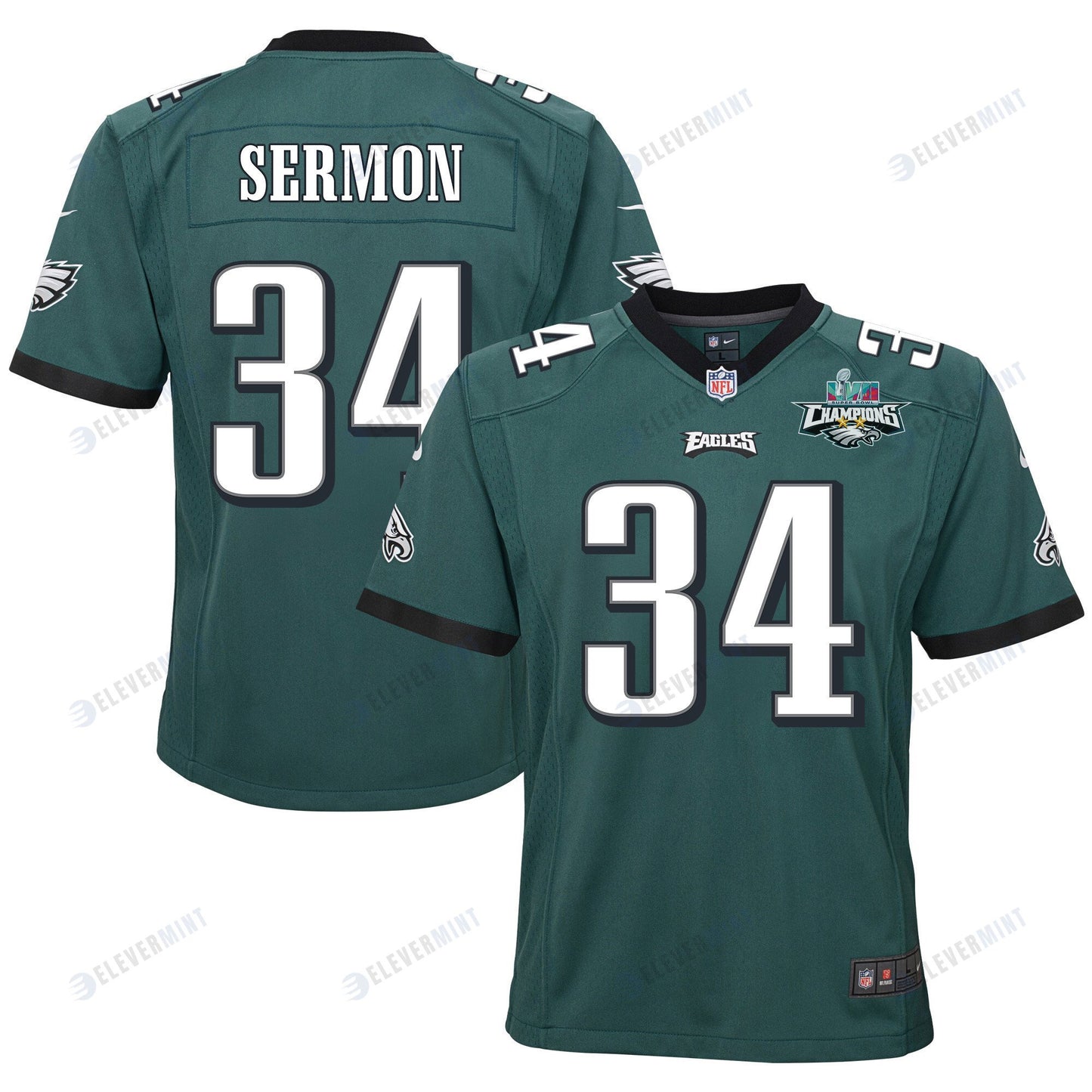 Trey Sermon 34 Philadelphia Eagles Super Bowl LVII Champions 2 Stars 2 Stars Youth Game Jersey - Black